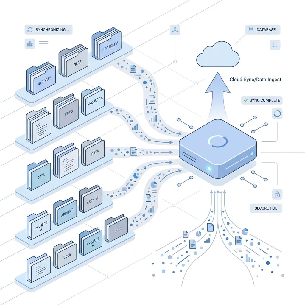 Clean minimalist business illustration of organized folders and data streams